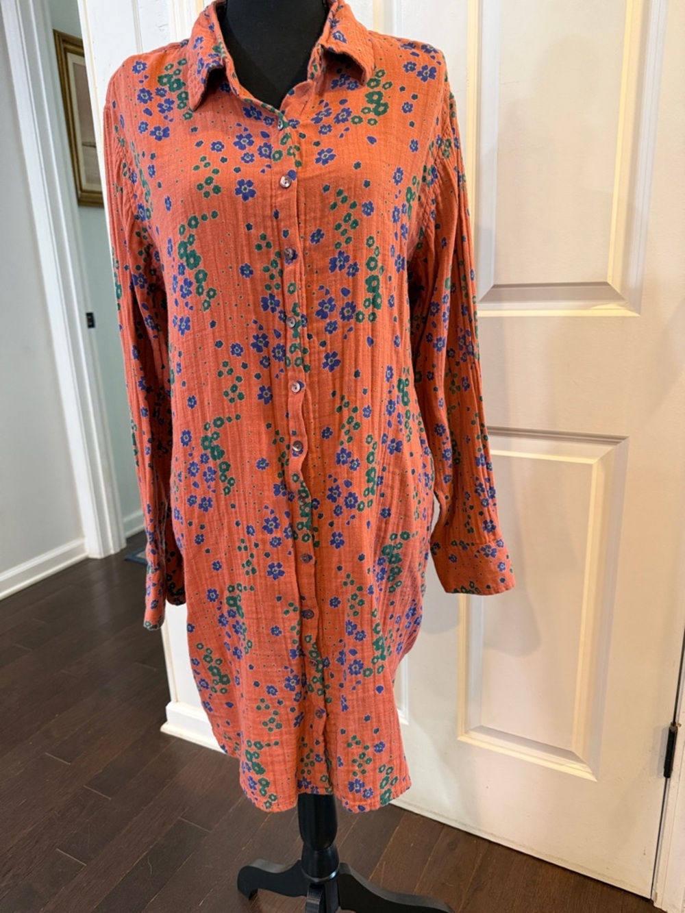 NATURAL LIFE Orange Floral Button-Up Shirt Dress with Blue Flowers